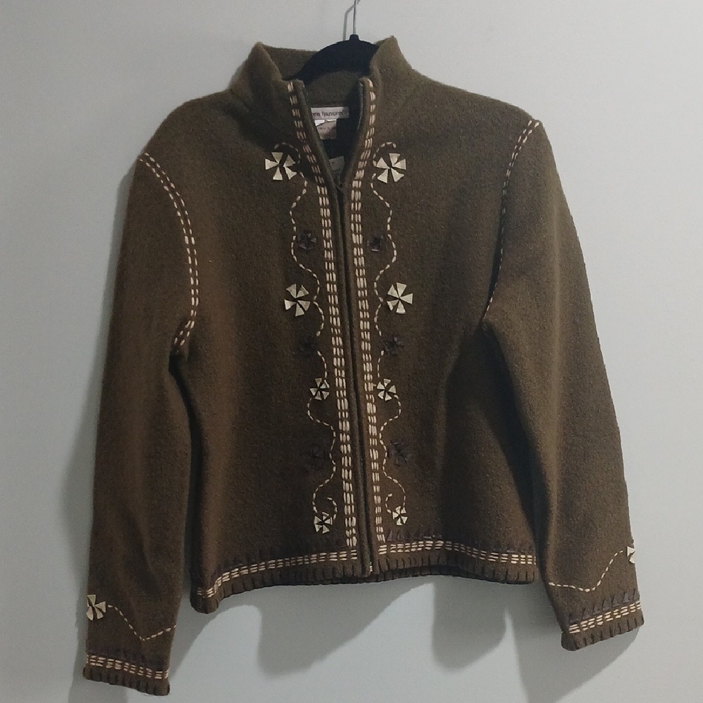 Chic Olive Embroidered Jacket 100% Wool Sz L NEW WITH TAGS